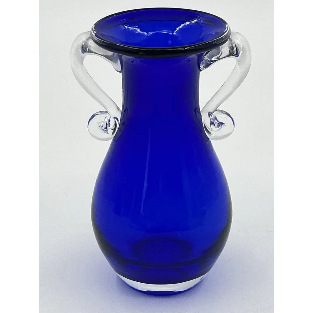 Vintage Cobalt Blue Vase Glass Bouquet With Applied Clear Glass Handles EUC